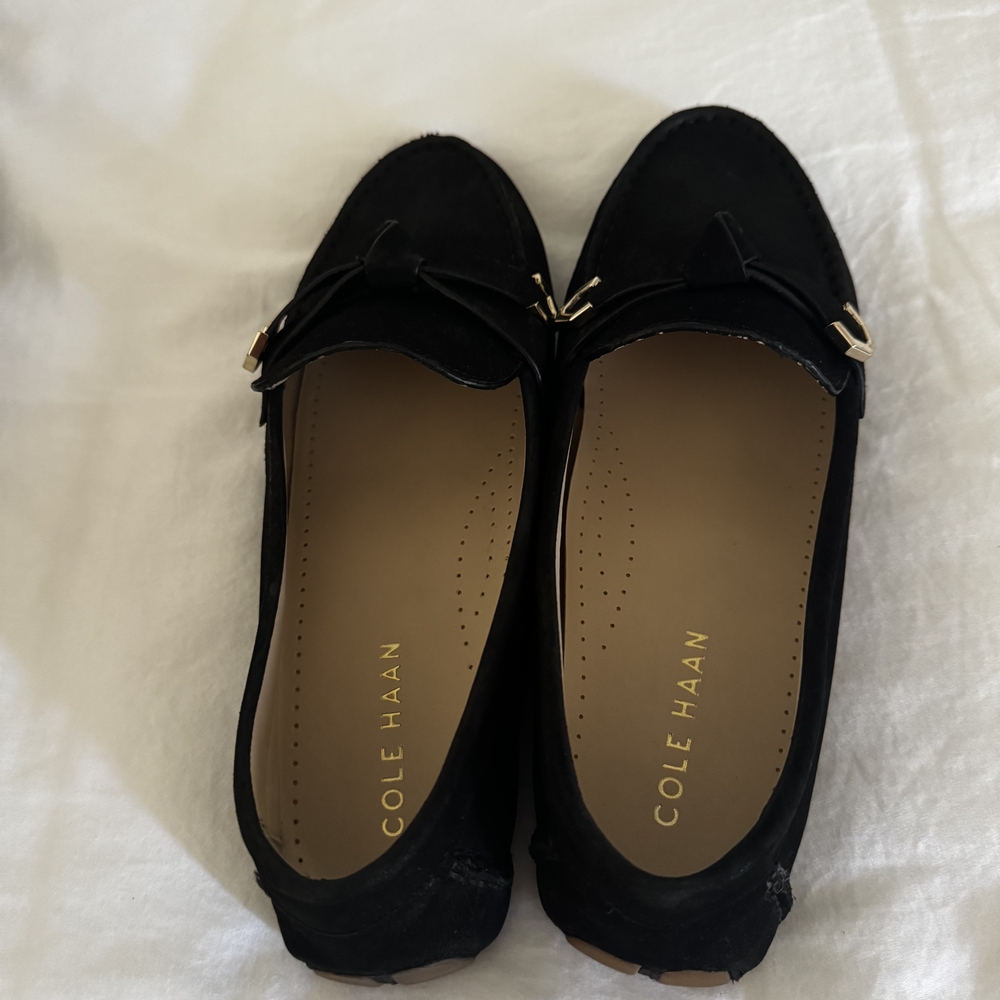 Cole Haan Black Suede Tassel Loafers with Gold Accents